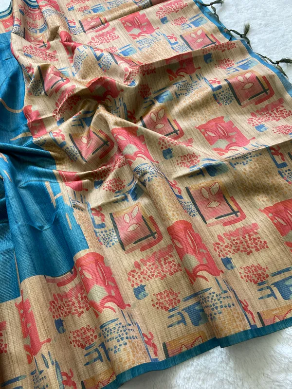 Soft_Tussar_Silk_sarees_with_Beautiful_Print_With_Attractive_Pallu_And_Contrast_Print_Blouse_With_Tassels