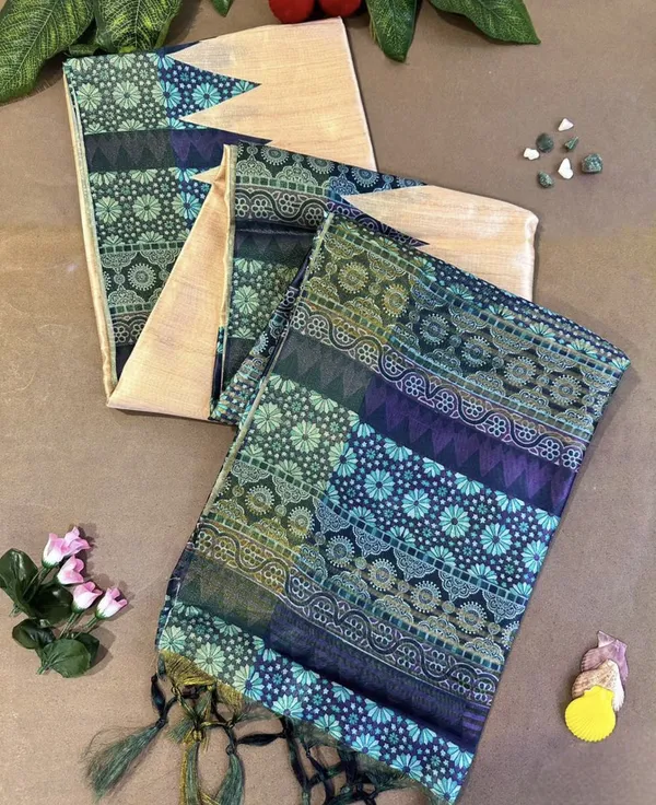 Amrita_Blue_–_Nectar_Navratri_Special_|_Soft_Tussar_Silk_Saree_with_Print,_Pallu_&_Contrast_Print_Blouse_with_Tassels