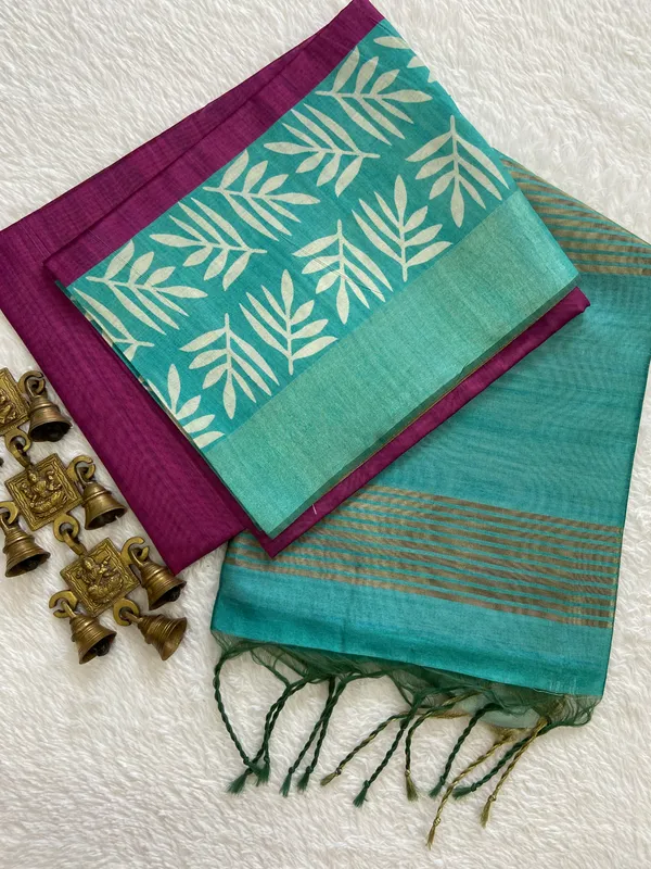 Ruby_Rama_Green_&_Wine_–_Festive_Season_Special_|_Soft_Tussar_Silk_Saree_with_Print,_Border_&_Contrast_Print_Blouse_with_Tassels