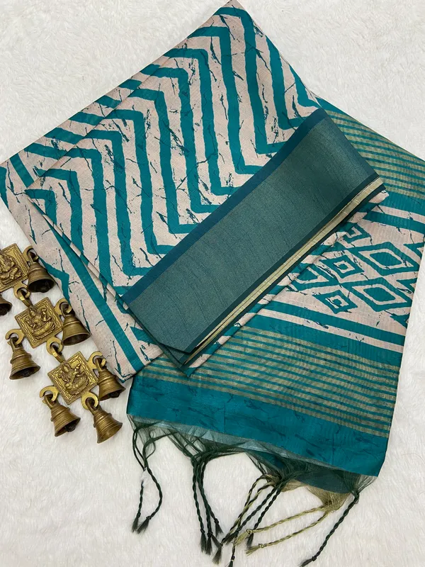 Ganga_Rama_Green_–_Sacred_Navratri_Special_|_Soft_Tussar_Silk_Saree_with_Print,_Border_&_Contrast_Print_Blouse_with_Tassels