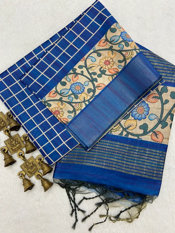 Nisha_Blue_–_Night_Glow_Navratri_Special_|_Soft_Tussar_Silk_Saree_with_Print,_Border_&_Contrast_Print_Blouse_with_Tassels