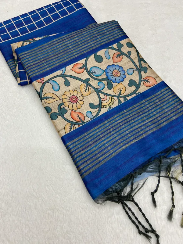 Nisha_Blue_–_Night_Glow_Navratri_Special_|_Soft_Tussar_Silk_Saree_with_Print,_Border_&_Contrast_Print_Blouse_with_Tassels