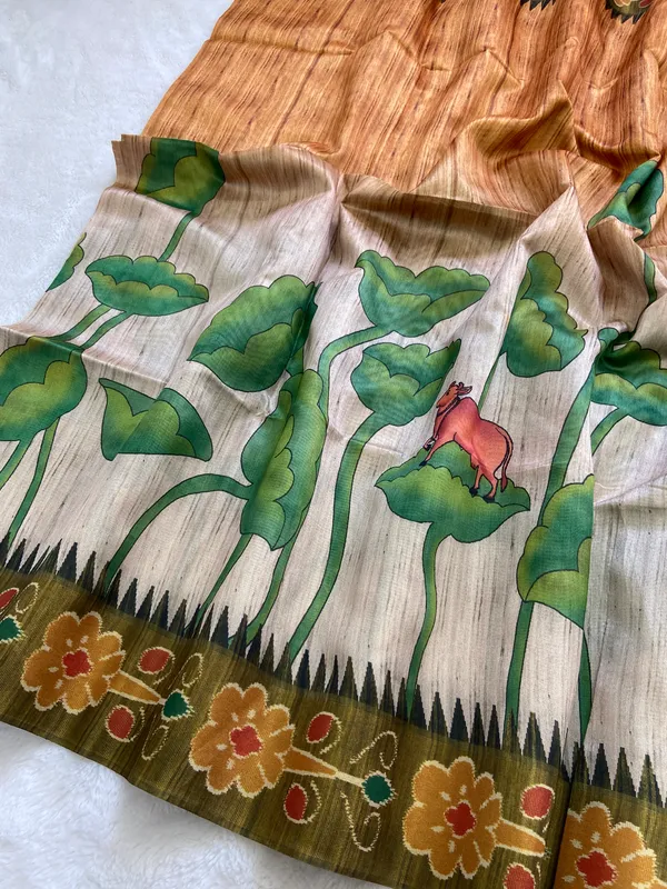 Moksha_Mehendi_Green_–_Navratri_Special_|_Soft_Tussar_Silk_Saree_with_Print,_Pallu_&_Contrast_Print_Blouse_with_Tassels