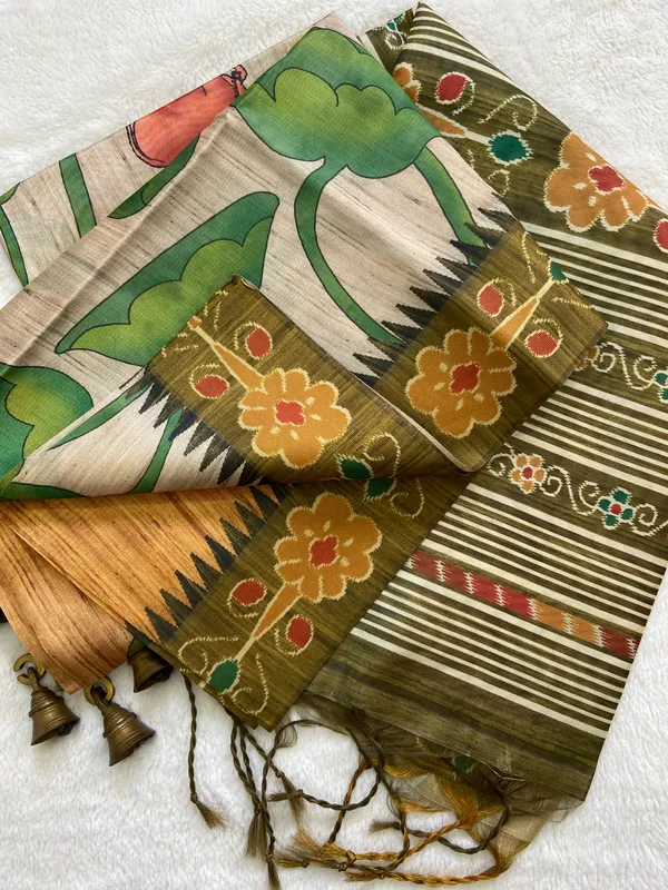 Moksha_Mehendi_Green_–_Navratri_Special_|_Soft_Tussar_Silk_Saree_with_Print,_Pallu_&_Contrast_Print_Blouse_with_Tassels