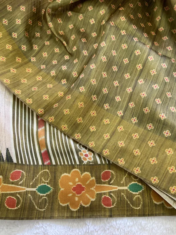Moksha_Mehendi_Green_–_Navratri_Special_|_Soft_Tussar_Silk_Saree_with_Print,_Pallu_&_Contrast_Print_Blouse_with_Tassels