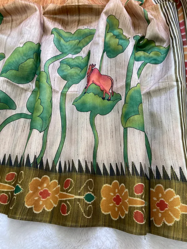 Moksha_Mehendi_Green_–_Navratri_Special_|_Soft_Tussar_Silk_Saree_with_Print,_Pallu_&_Contrast_Print_Blouse_with_Tassels