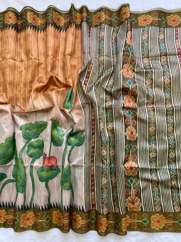 Moksha_Mehendi_Green_–_Navratri_Special_|_Soft_Tussar_Silk_Saree_with_Print,_Pallu_&_Contrast_Print_Blouse_with_Tassels
