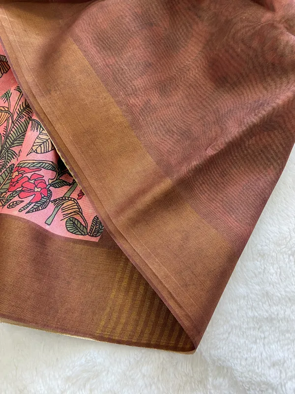 Jiya_Coffee_Brown_&_Peach_–_Heartfelt_Aesthetic_Edit_for_You_|_Soft_Tussar_Silk_Saree_with_Print,_Border_&_Contrast_Print_Blouse_with_Tassels