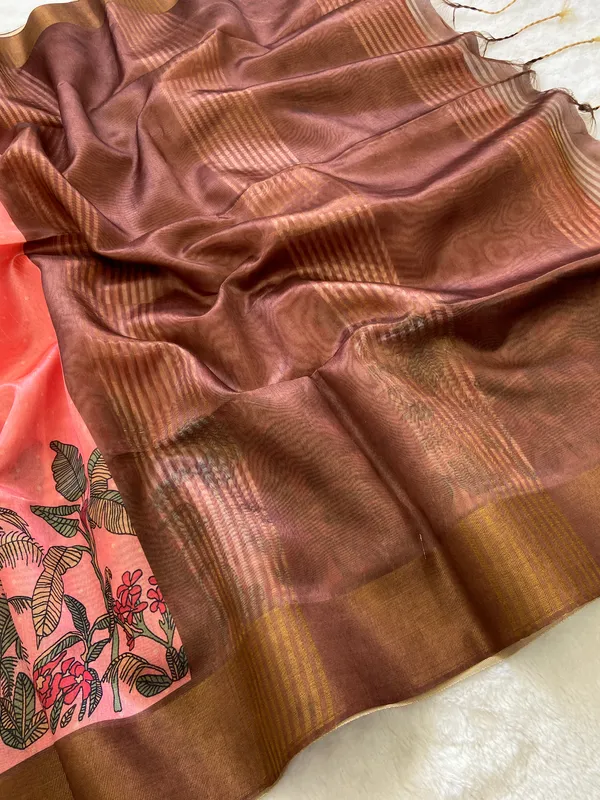 Jiya_Coffee_Brown_&_Peach_–_Heartfelt_Aesthetic_Edit_for_You_|_Soft_Tussar_Silk_Saree_with_Print,_Border_&_Contrast_Print_Blouse_with_Tassels