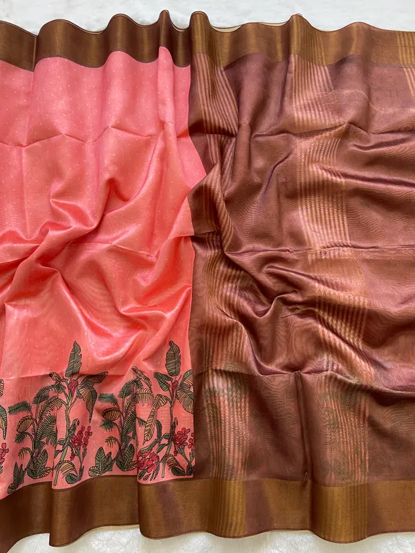 Jiya_Coffee_Brown_&_Peach_–_Heartfelt_Aesthetic_Edit_for_You_|_Soft_Tussar_Silk_Saree_with_Print,_Border_&_Contrast_Print_Blouse_with_Tassels