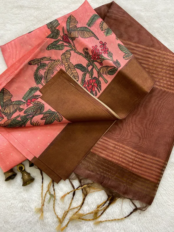 Jiya_Coffee_Brown_&_Peach_–_Heartfelt_Aesthetic_Edit_for_You_|_Soft_Tussar_Silk_Saree_with_Print,_Border_&_Contrast_Print_Blouse_with_Tassels