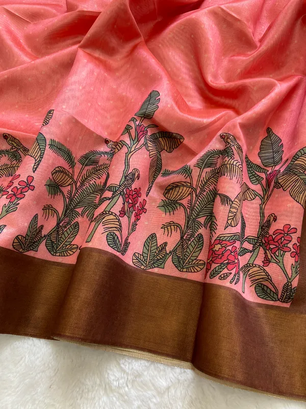 Jiya_Coffee_Brown_&_Peach_–_Heartfelt_Aesthetic_Edit_for_You_|_Soft_Tussar_Silk_Saree_with_Print,_Border_&_Contrast_Print_Blouse_with_Tassels