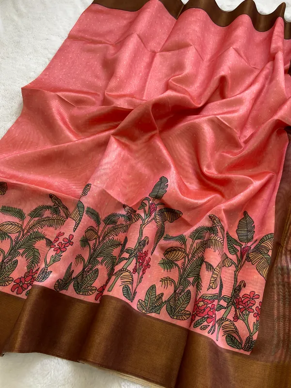 Jiya_Coffee_Brown_&_Peach_–_Heartfelt_Aesthetic_Edit_for_You_|_Soft_Tussar_Silk_Saree_with_Print,_Border_&_Contrast_Print_Blouse_with_Tassels