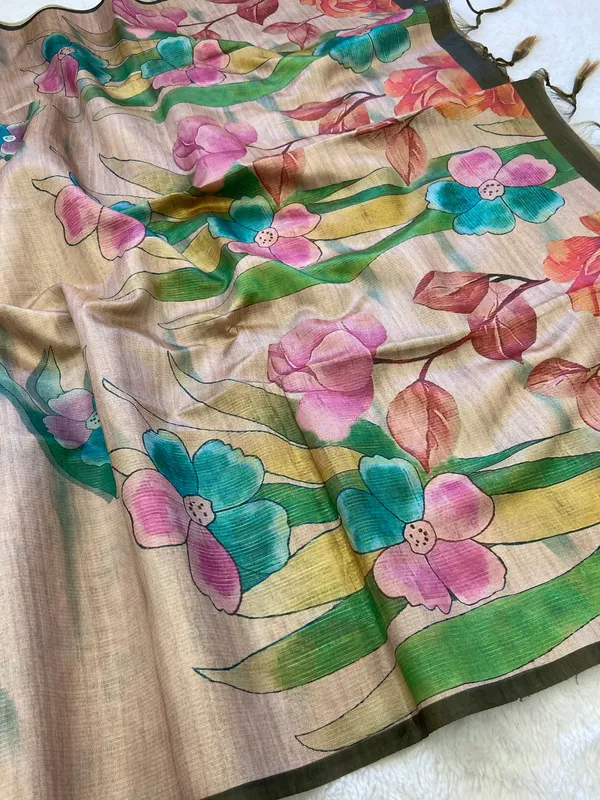 Madhuri_Coffee_Brown_&_Cream_–_Sweet_Aesthetic_Edit_for_You_|_Soft_Tussar_Silk_Saree_with_Print,_Pallu_&_Contrast_Print_Blouse_with_Tassels
