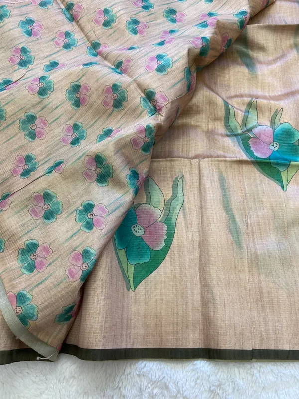 Madhuri_Coffee_Brown_&_Cream_–_Sweet_Aesthetic_Edit_for_You_|_Soft_Tussar_Silk_Saree_with_Print,_Pallu_&_Contrast_Print_Blouse_with_Tassels
