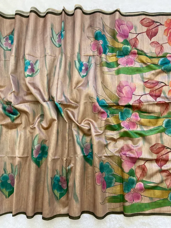 Madhuri_Coffee_Brown_&_Cream_–_Sweet_Aesthetic_Edit_for_You_|_Soft_Tussar_Silk_Saree_with_Print,_Pallu_&_Contrast_Print_Blouse_with_Tassels