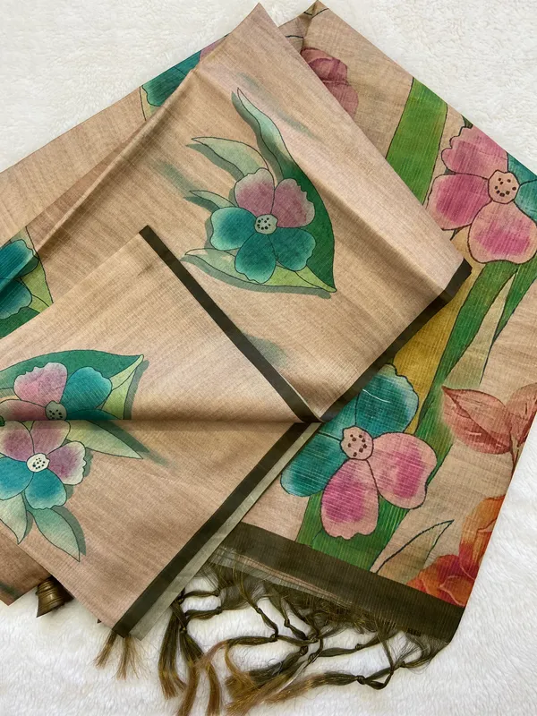 Madhuri_Coffee_Brown_&_Cream_–_Sweet_Aesthetic_Edit_for_You_|_Soft_Tussar_Silk_Saree_with_Print,_Pallu_&_Contrast_Print_Blouse_with_Tassels