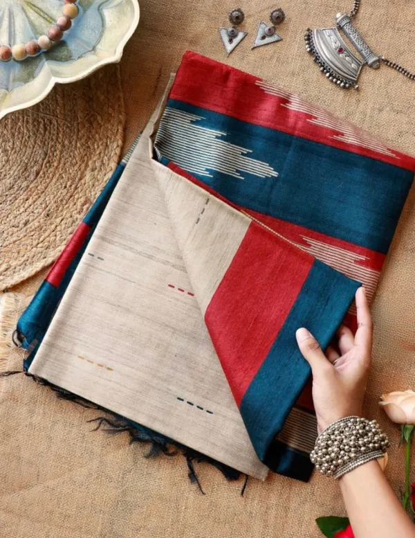 Nirja_Blue_–_Lotus_Navratri_Special_|_Soft_Tussar_Silk_Saree_with_Print,_Border_&_Contrast_Print_Blouse_with_Tassels