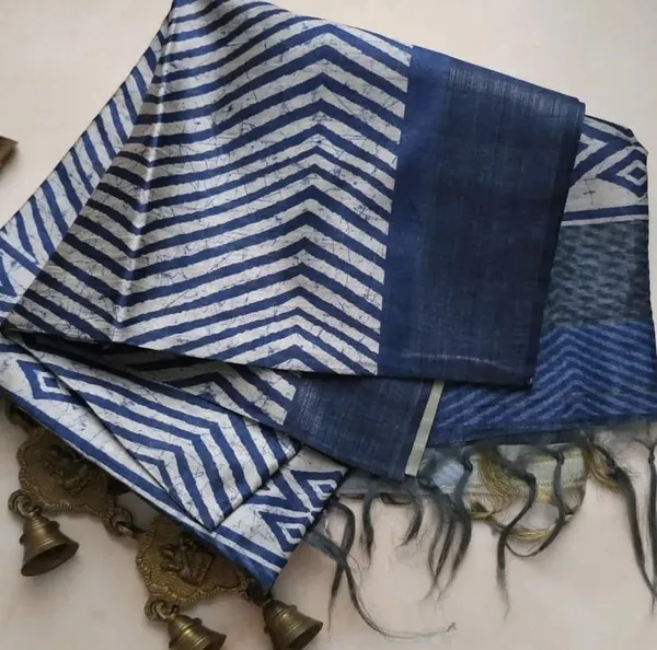 Ganga_Blue_–_Sacred_Navratri_Special_|_Soft_Tussar_Silk_Saree_with_Print,_Border_&_Contrast_Print_Blouse_with_Tassels
