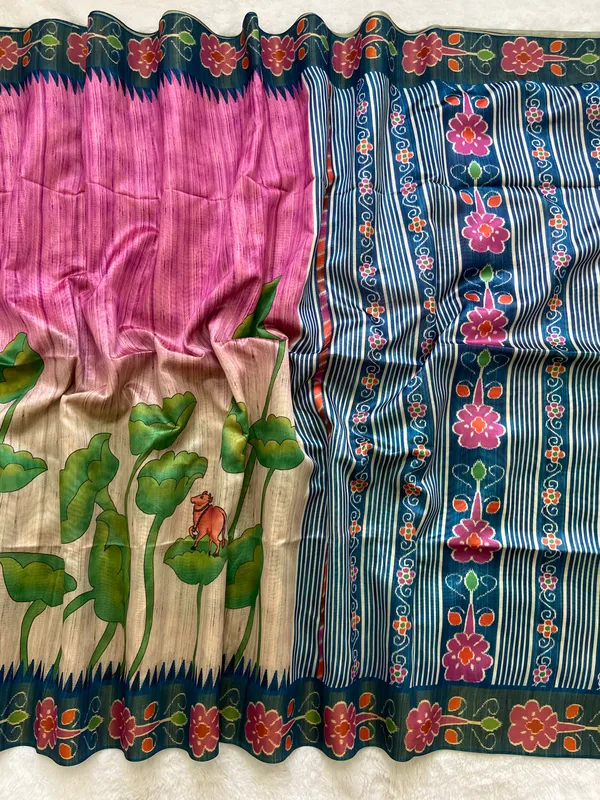 Soft_Tussar_Silk_sarees_with_Beautiful_Print_With_Attractive_Pallu_And_Contrast_Print_Blouse_With_Tassels