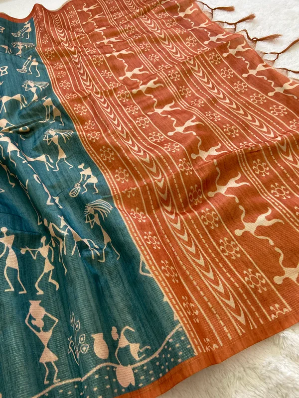 Ojasvi_Orange_–_Radiant_Diwali_Special_|_Soft_Tussar_Silk_Saree_with_Print,_Pallu_&_Contrast_Print_Blouse_with_Tassels