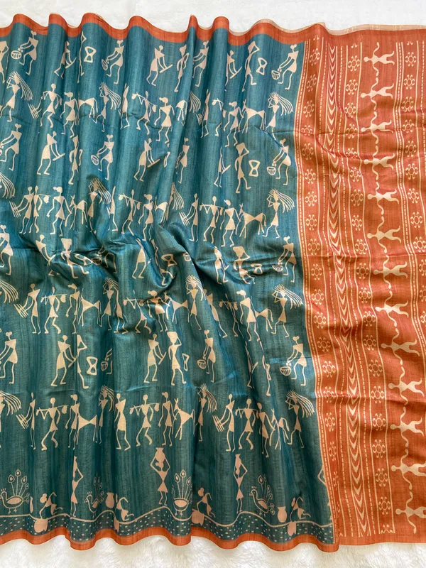 Ojasvi_Orange_–_Radiant_Diwali_Special_|_Soft_Tussar_Silk_Saree_with_Print,_Pallu_&_Contrast_Print_Blouse_with_Tassels
