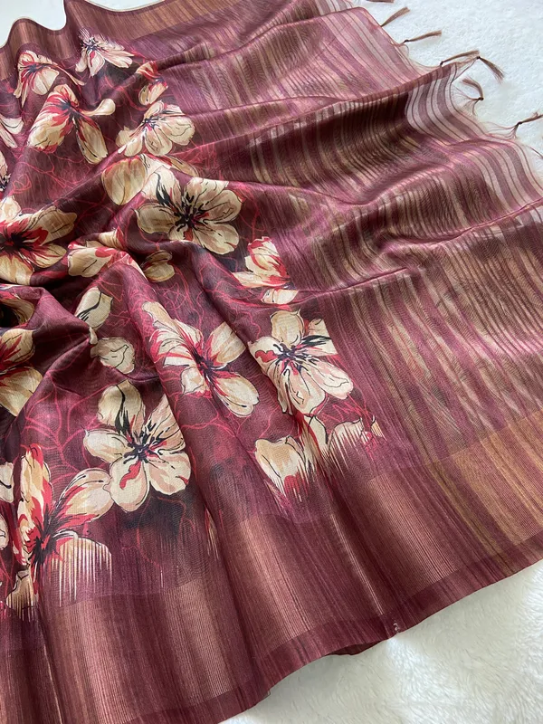 Gargi_Maroon_–_Wise_Diwali_Special_|_Soft_Tussar_Silk_Saree_with_Print,_Pallu_&_Zari_Border_&_Contrast_Print_Blouse_with_Tassels
