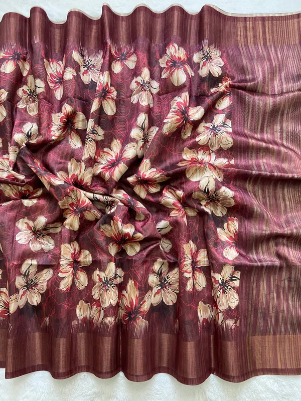 Gargi_Maroon_–_Wise_Diwali_Special_|_Soft_Tussar_Silk_Saree_with_Print,_Pallu_&_Zari_Border_&_Contrast_Print_Blouse_with_Tassels