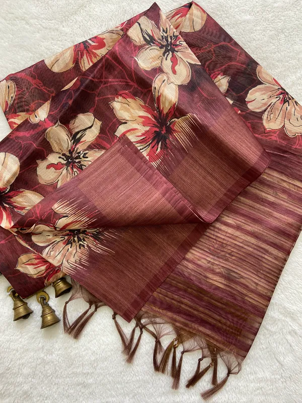 Gargi_Maroon_–_Wise_Diwali_Special_|_Soft_Tussar_Silk_Saree_with_Print,_Pallu_&_Zari_Border_&_Contrast_Print_Blouse_with_Tassels