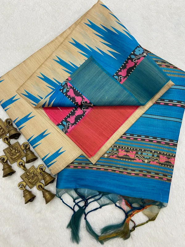 Lekha_Blue_–_Navratri_Special_|_Soft_Tussar_Silk_Saree_with_Print,_Border_&_Contrast_Print_Blouse_with_Tassels