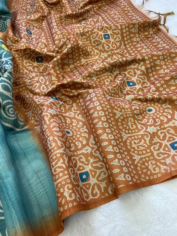 Soft_Tussar_Silk_sarees_with_Beautiful_Print_With_Attractive_Pallu_And_Contrast_Print_Blouse_With_Tassels