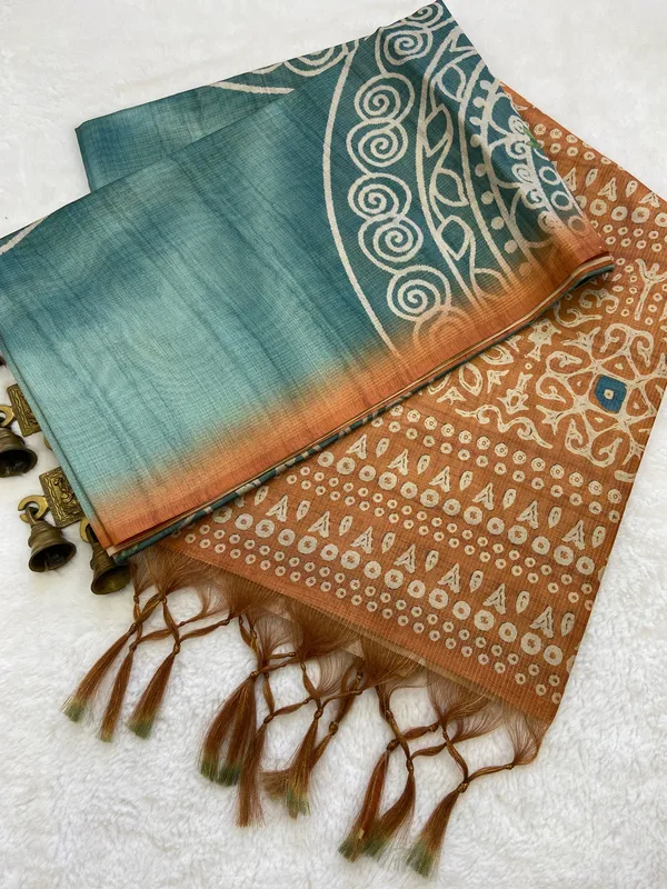 Soft_Tussar_Silk_sarees_with_Beautiful_Print_With_Attractive_Pallu_And_Contrast_Print_Blouse_With_Tassels