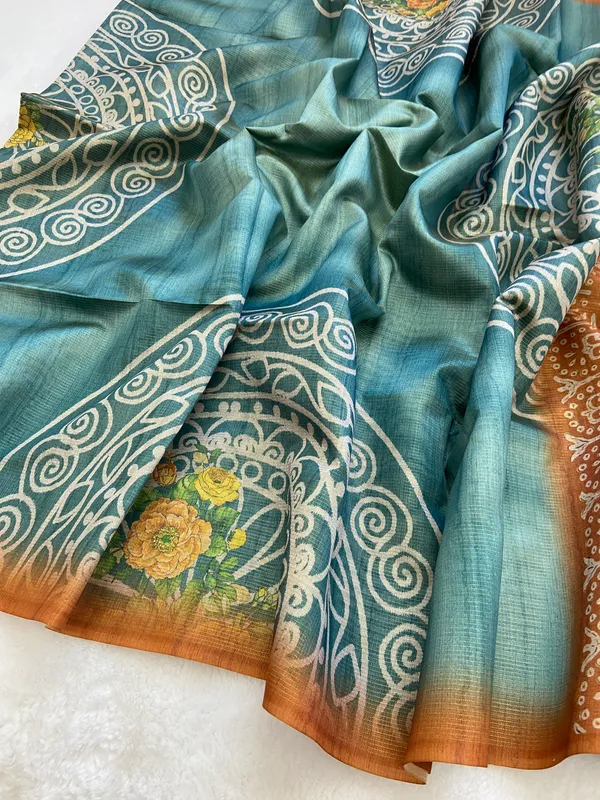 Soft_Tussar_Silk_sarees_with_Beautiful_Print_With_Attractive_Pallu_And_Contrast_Print_Blouse_With_Tassels