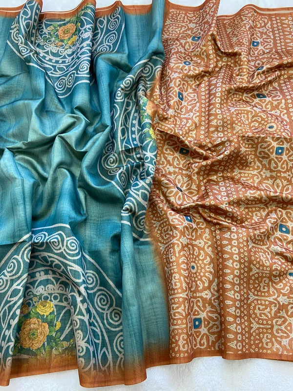 Soft_Tussar_Silk_sarees_with_Beautiful_Print_With_Attractive_Pallu_And_Contrast_Print_Blouse_With_Tassels