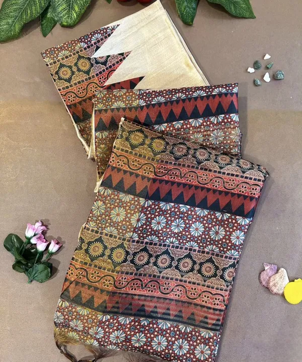 Amrita_Orange_–_Nectar_Diwali_Special_|_Soft_Tussar_Silk_Saree_with_Print,_Pallu_&_Contrast_Print_Blouse_with_Tassels