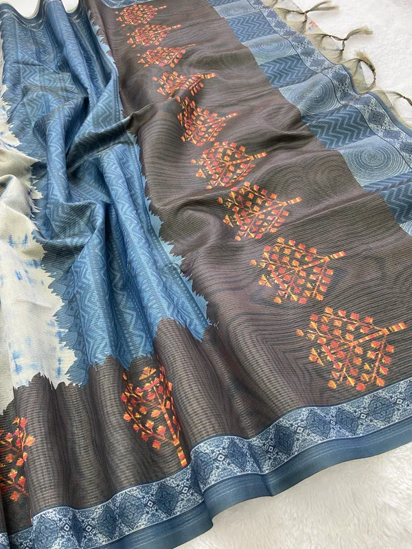 Tejal_Blue_–_Radiant_Navratri_Special_|_Soft_Tussar_Silk_Saree_with_Print,_Pallu_&_Contrast_Print_Blouse_with_Tassels