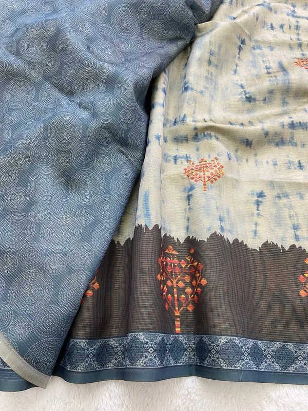 Tejal_Blue_–_Radiant_Navratri_Special_|_Soft_Tussar_Silk_Saree_with_Print,_Pallu_&_Contrast_Print_Blouse_with_Tassels