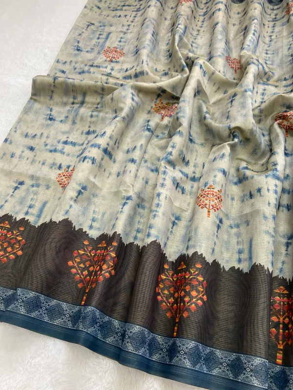 Tejal_Blue_–_Radiant_Navratri_Special_|_Soft_Tussar_Silk_Saree_with_Print,_Pallu_&_Contrast_Print_Blouse_with_Tassels