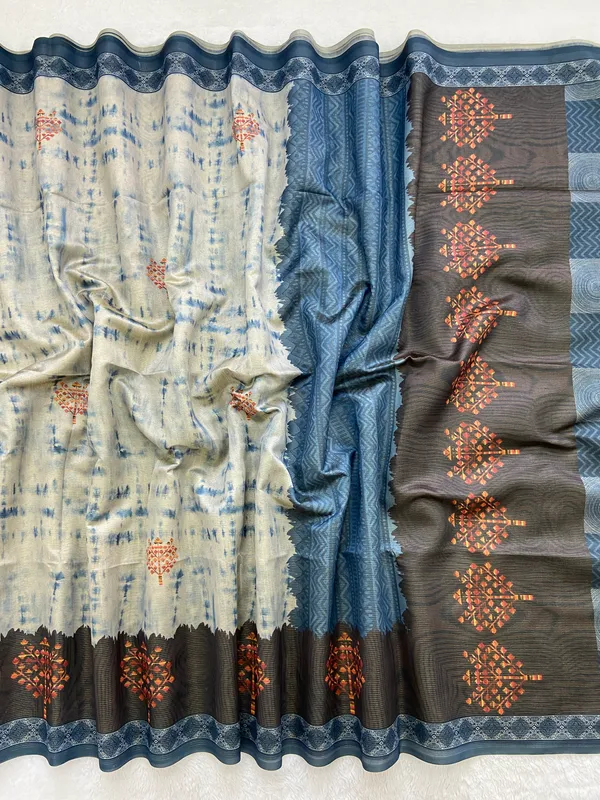 Tejal_Blue_–_Radiant_Navratri_Special_|_Soft_Tussar_Silk_Saree_with_Print,_Pallu_&_Contrast_Print_Blouse_with_Tassels