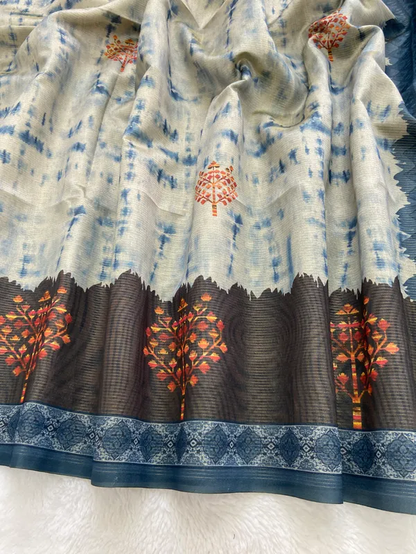 Tejal_Blue_–_Radiant_Navratri_Special_|_Soft_Tussar_Silk_Saree_with_Print,_Pallu_&_Contrast_Print_Blouse_with_Tassels