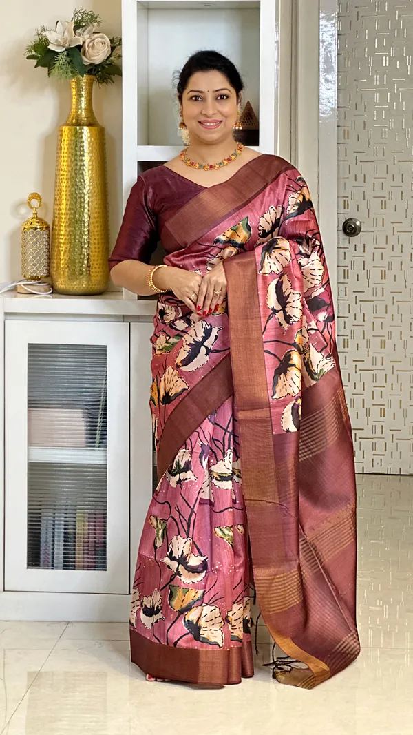 Anusha_Wine_–_Zari_Line_Diwali_Special_|_Soft_Tussar_Silk_Saree_with_Print,_Zari_Line_Saree_&_Print_Blouse_with_Tassels