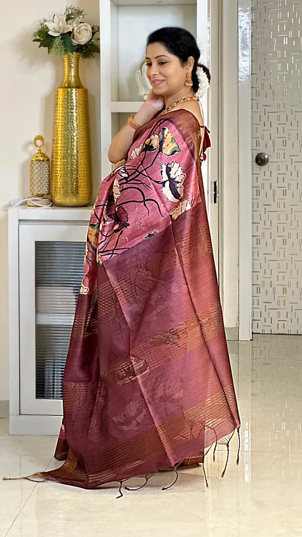 Anusha_Wine_–_Zari_Line_Diwali_Special_|_Soft_Tussar_Silk_Saree_with_Print,_Zari_Line_Saree_&_Print_Blouse_with_Tassels