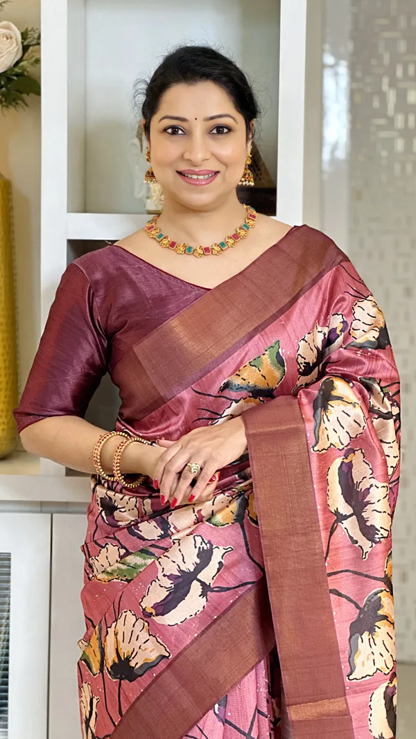 Anusha_Wine_–_Zari_Line_Diwali_Special_|_Soft_Tussar_Silk_Saree_with_Print,_Zari_Line_Saree_&_Print_Blouse_with_Tassels