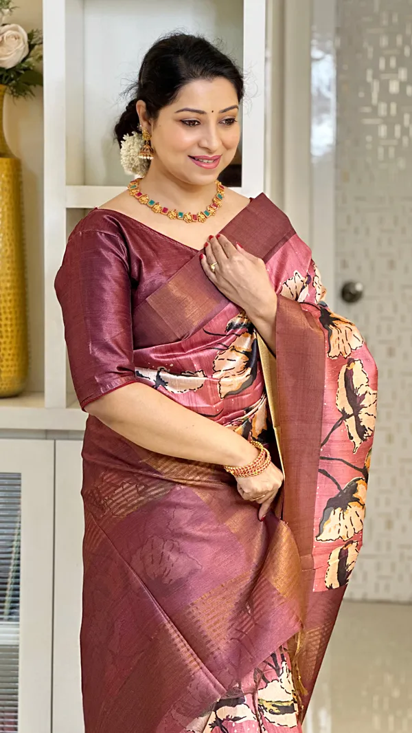 Anusha_Wine_–_Zari_Line_Diwali_Special_|_Soft_Tussar_Silk_Saree_with_Print,_Zari_Line_Saree_&_Print_Blouse_with_Tassels