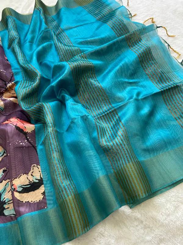 Soft_Tussar_Silk_sarees_with_Beautiful_Print_With_Attractive_Zari_Line_Saree_And_Print_Blouse_With_Tassels