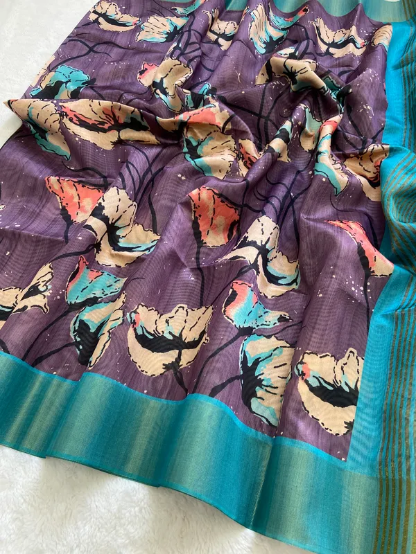 Soft_Tussar_Silk_sarees_with_Beautiful_Print_With_Attractive_Zari_Line_Saree_And_Print_Blouse_With_Tassels