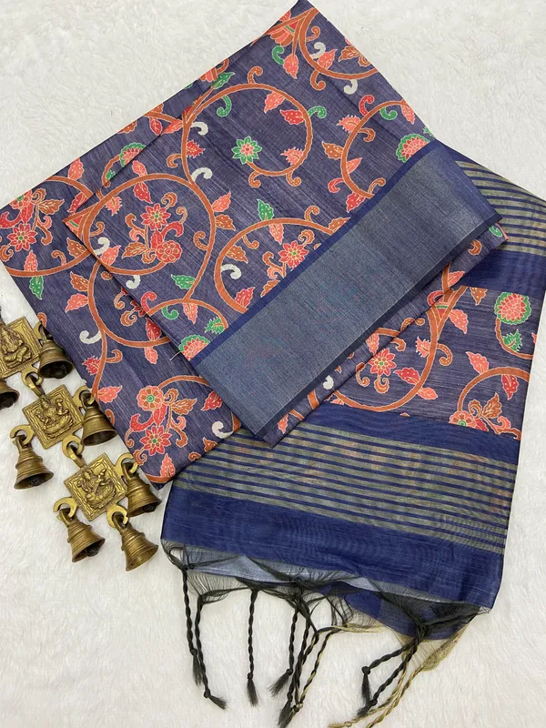 Januja_Blue_–_Navratri_Special_|_Soft_Tussar_Silk_Saree_with_Print,_Border_&_Contrast_Print_Blouse_with_Tassels