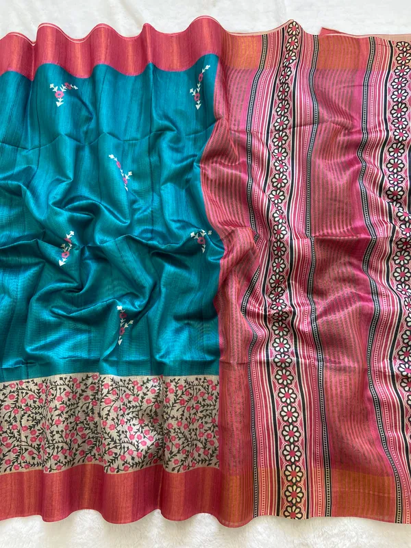 Soft_Tussar_Silk_sarees_with_Beautiful_Print_With_Attractive_Border_And_Contrast_Print_Blouse_With_Tassels