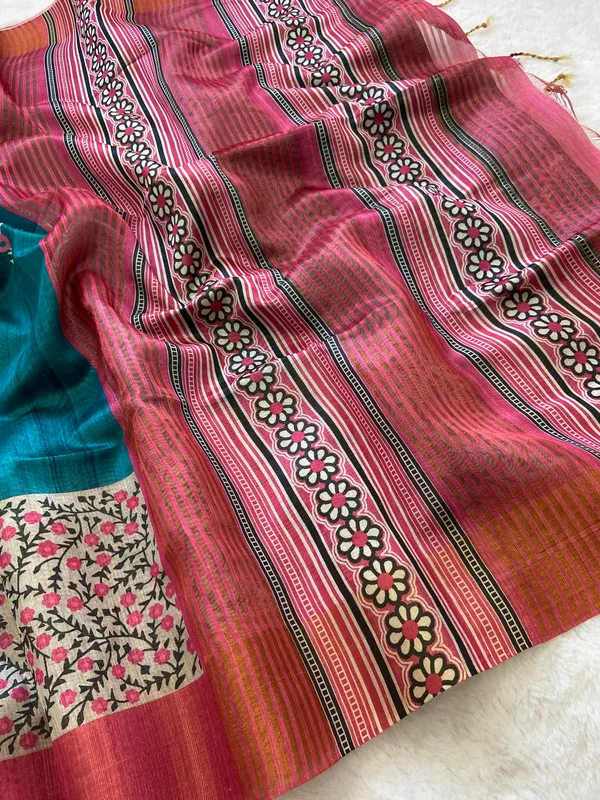 Soft_Tussar_Silk_sarees_with_Beautiful_Print_With_Attractive_Border_And_Contrast_Print_Blouse_With_Tassels
