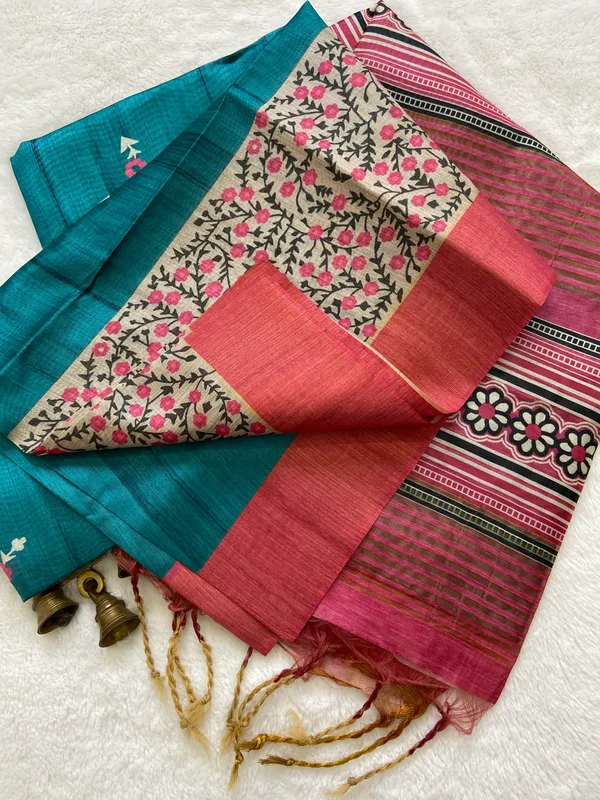 Soft_Tussar_Silk_sarees_with_Beautiful_Print_With_Attractive_Border_And_Contrast_Print_Blouse_With_Tassels